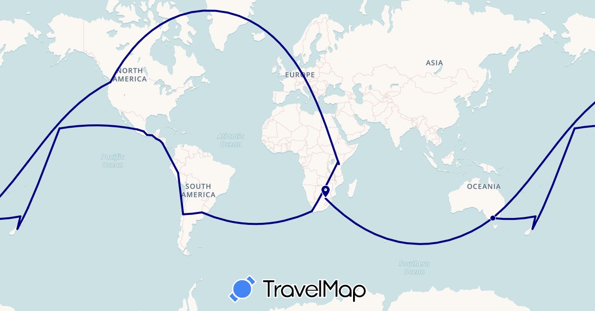 TravelMap itinerary: driving in Argentina, Australia, Chile, Guatemala, Kenya, Mexico, Nicaragua, New Zealand, Peru, El Salvador, Tanzania, United States, South Africa (Africa, North America, Oceania, South America)